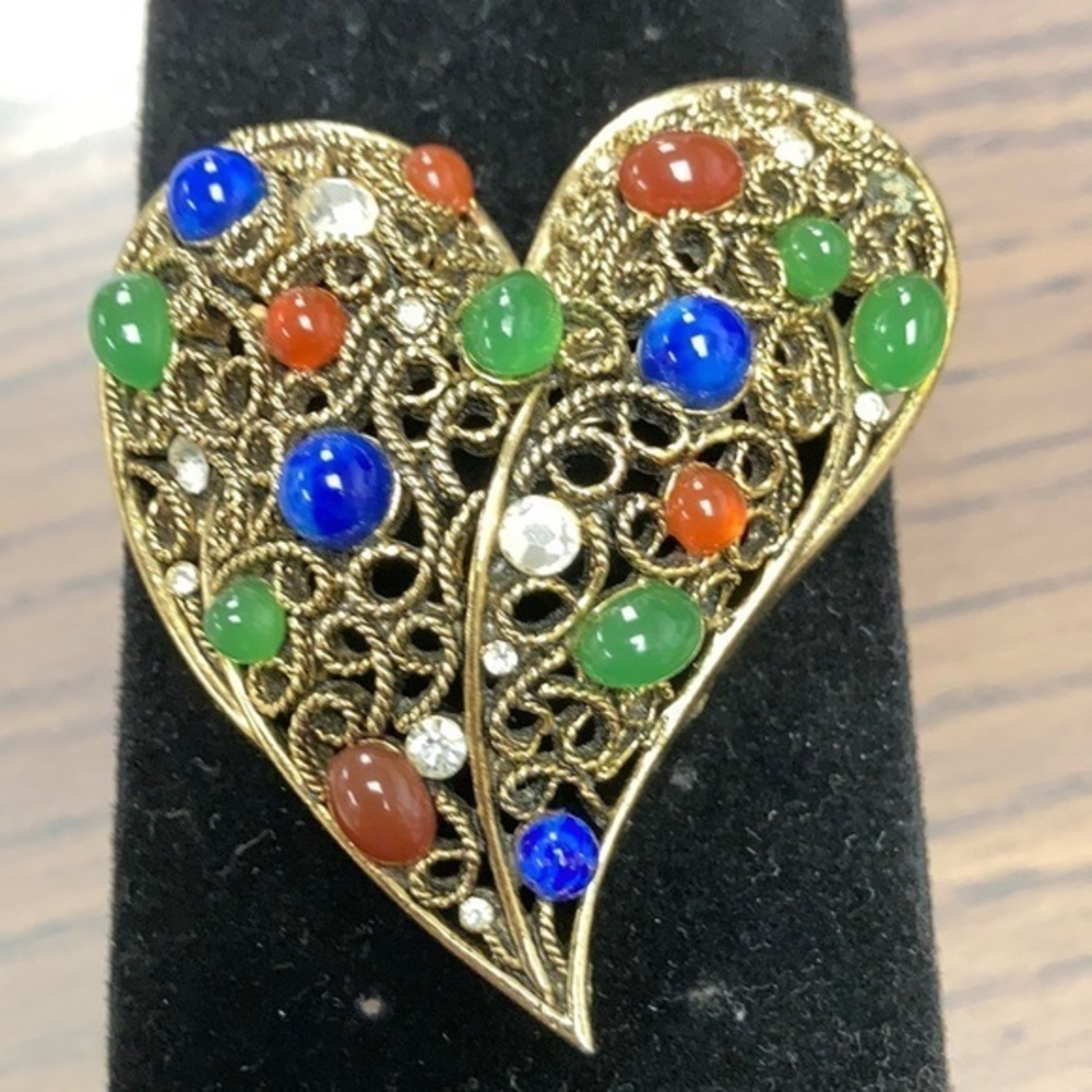 Heart statement pin in antique gold tone with colored faux stones & crystals